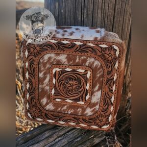 Western Cowhide And Handtooled Leather Double-stacker Small Jewelry Box NWOT